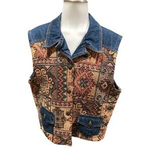 !! SOLD !! Vintage Southwestern Tapestry Denim Vest Large Aztec Western USA‎ 90s